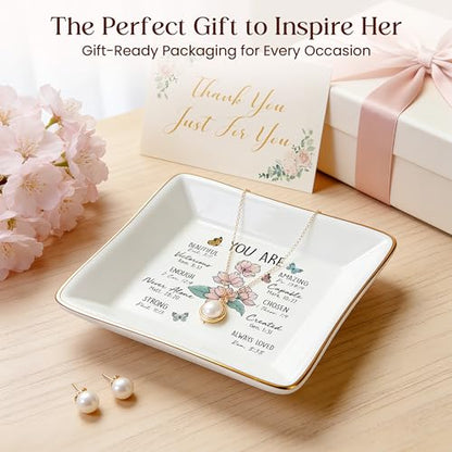 PUDDING CABIN Birthday Gifts for Women, Pink Cherry Scripture Ring Dish, Christian Gifts - style: Cherry: New Beginnings & Hope(March Birth Flower)