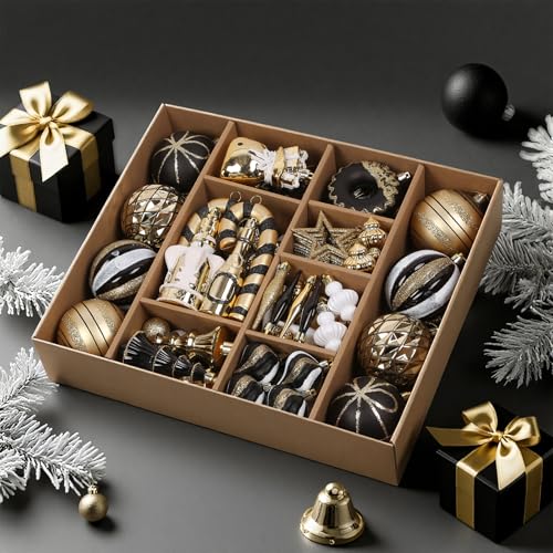 SHareconn 70pcs 2025 Classic Christmas Balls Ornaments Set, Shatterproof Plastic Baubles for Xmas Tree Holiday Wedding Party Decorations with Hanging Strings, Black, White and Gold - color: Black, White and Gold