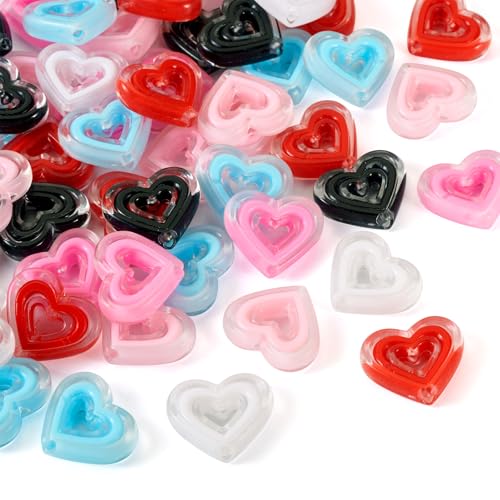 FASHEWELRY 60Pcs Acrylic Crystal Heart Beads Clear Love Heart Beads Candy Color Cute Pony Bead Aesthetic Bead for Valentine Day Bracelet Necklace Jewelry Making - color: Heart-60Pcs