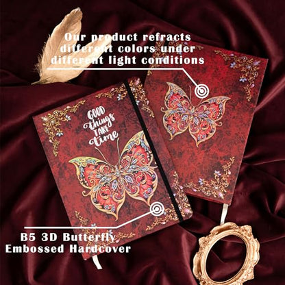 B5 Hardcover Journal for Women & Men -Butterfly Aesthetic Lined Notebook - color: Red