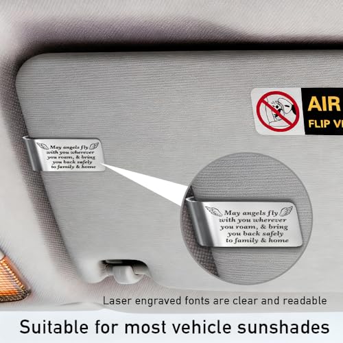 May Angels Fly with You Wherever You roam Engraved Stainless Steel Car Visor Clip, Inspirational Guardian Angel Safe Driving Gifts for Family Friend Driver Traveller, New Car Birthday Gifts - color: Silver009