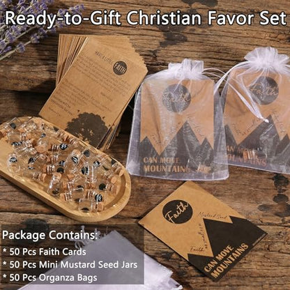 50 Pack Christian Faith Favors Bulk, Mini Glass Bottle Keepsakes with Matthew 17:20 Cards & Organza Bags, "Move Mountains" Religious Inspirational Gifts for Church, Baptism, Sunday School(Kraft-Round-50Pcs) - color: Kraft-Round-50Pcs