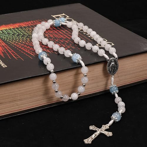 Nazareth Store 8mm White Jade & 10mm Natural Stone Beads Rosary Necklace St. Miraculous Medal & Cross Crucifix Catholic Prayer Beads Religious Jewelry - color: Aquamarine