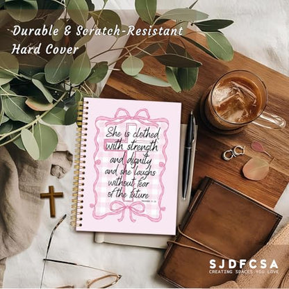 Inspirational Christian Notebook Journal, Coquette Preppy Pink Bow Bible Verse Journal for Women, Pink Girly Office Supplies, Religious Scripture Spiral Notebook 5.5x8.3 Inch - color: Proverbs 31:25-Bow
