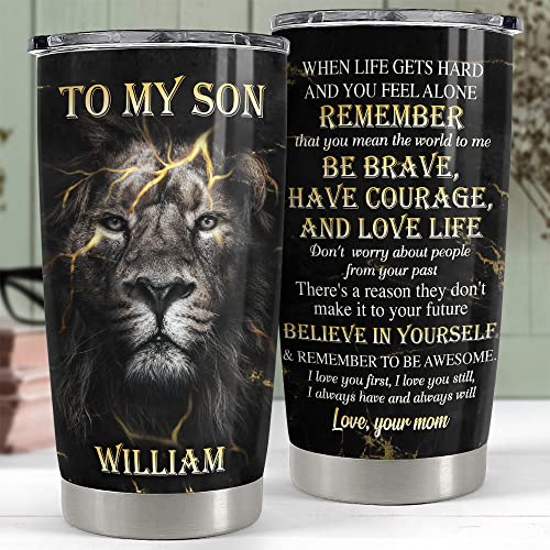 SANDJEST Personalized Son Gifts Tumbler Lion 20oz 30oz Tumblers with Lid Gift for Son Christmas Birthday - color: Son