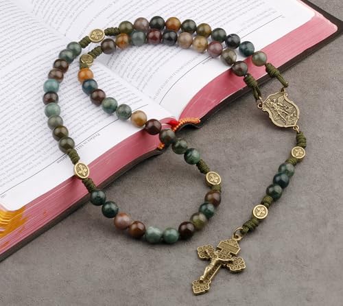 HanlinCC Stone Beads St.Michael Paracord Catholic Rosary with Bag for Men - style: India Agate