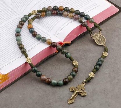 HanlinCC Stone Beads St.Michael Paracord Catholic Rosary with Bag for Men - style: India Agate