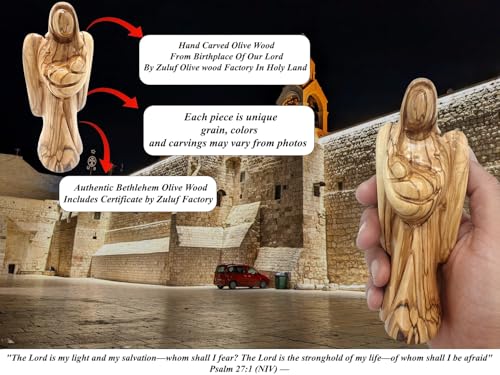 Zuluf 5.5" Hand-Carved Olive Wood Angel Statue Holding Baby - Authentic Holy Land Guardian Angel Figurine - Religious Gift for Baptism, New Mother, Expecting Mom & Christening - Bethlehem Wood - color: 5.5" Angel Holding Baby