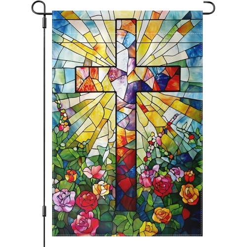 Cross Garden Flag 12x18 Inches, Stained Glass Style Double-Sided Flag