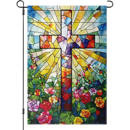 Cross Garden Flag 12x18 Inches, Stained Glass Style Double-Sided Flag