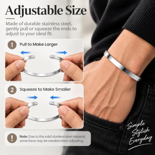 Stainless Steel Cuff Bracelet for Men, Adjustable Open Metal Bangle Bracelet, Minimalist Mens Jewelry Gift - color: black