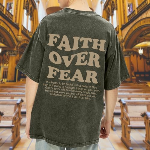Christian Shirts for Men Faith Over Fear Oversized Tees - color: Army Green, size: Small