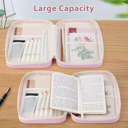 GERMUN Bible Cover with Durable Handle, Carrying Book Case Church Bag Bible, Protective with Zippered Pocket, Bible Accessories Supplies, Book Protector for Book Lovers, WhitePink - color: White&Pink
