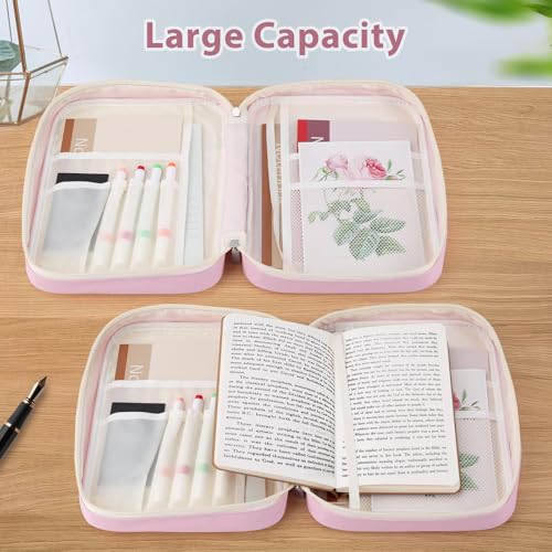GERMUN Bible Cover with Durable Handle, Carrying Book Case Church Bag Bible, Protective with Zippered Pocket, Bible Accessories Supplies, Book Protector for Book Lovers, WhitePink - color: White&Pink