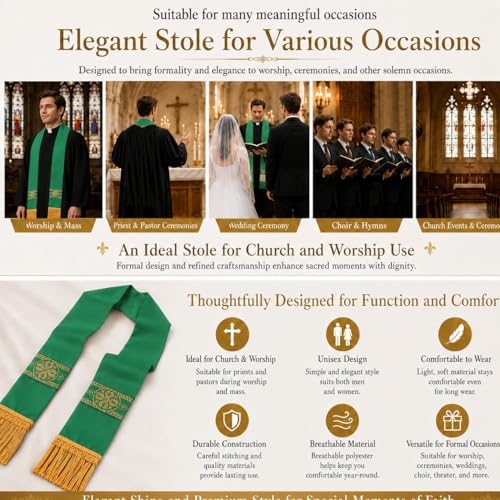 FAD-4U Catholic Clergy Stole with Embroidery Stole Priest Mass Stole Pastor Stole - color: Green