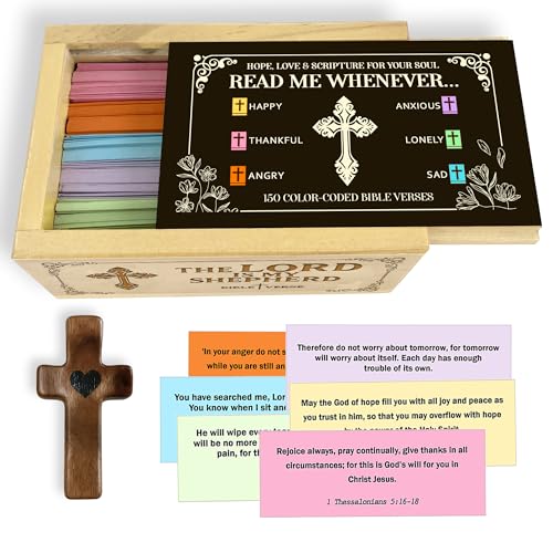 Bible Verse Box (150 Verses), Upgrade Color-Coded Read Me Whenever Bible Verses Cards in Jar, Prayer Box and Wooden Handheld Pocket Cross, Christian Gift for Her, Christmas - color: Bible Box 2