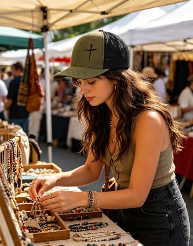 3 Nails Cross Trucker Hat Christian Religious Gifts for Birthday/Christma - color: 3 Nails Cross Light Olive & Black
