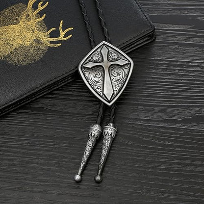 Western Cowboy Bolo tie for Men Women Gold Silver Death Skull Moth Cross Bolo Tie Christmas Deer Rooster Wolf Necktie Gift - color: 8# Silver Cross Shield