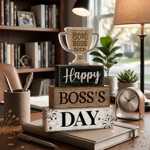 Moucuny 4 Pcs Boss Day Table Decorations Rustic Trophy Wooden Blocks Decor - style: Happy Boss’s Day