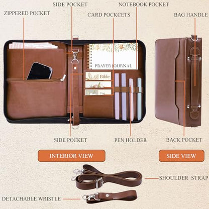 AKONEGE Bible Cover with Handle & Shoulder Strap for Women Girls, Brown - color: Brown