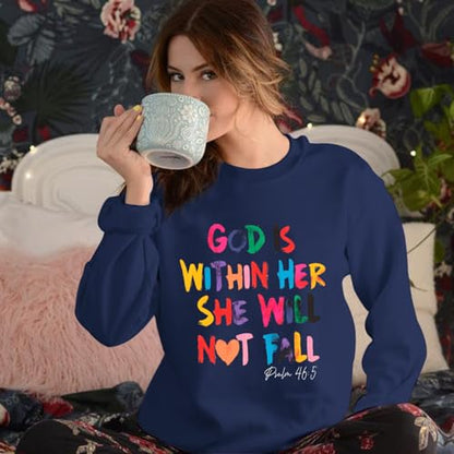 Wrenpies Christian God Is Within Her Sweatshirts for Women Jesus Faith Bible Verse Shirts Inspirational Hoodie Pullover Tops - color: Navy Blue, size: Small