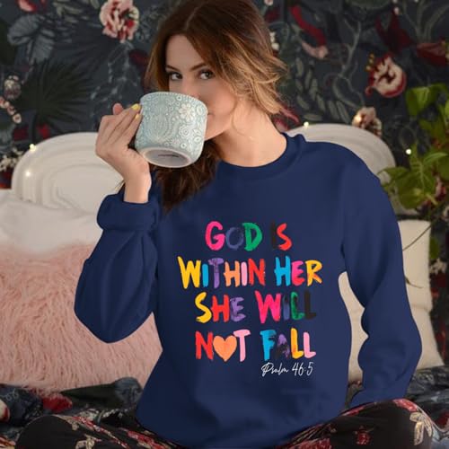 Wrenpies Christian God Is Within Her Sweatshirts for Women Jesus Faith Bible Verse Shirts Inspirational Hoodie Pullover Tops - color: Navy Blue, size: XX-Large