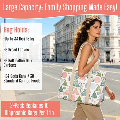 VENO 2 Pack Utility Tote Reusable Grocery Bags with Zipper & Hard Bottom - color: Pastel Forest, size: 2 Pack