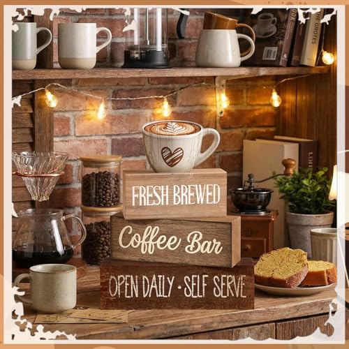Moucuny 4 Pcs Farmhouse Coffee Bar Signs Decor Wooden Cafe Cup Signs - style: Coffee Bar Coffee Bar