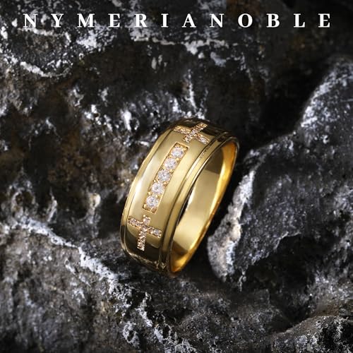 Mens Wedding Band, 18K Gold Plated Rings Non Tarnish Promise Rings For Him Lord's Prayer Cross Ring Father in Law Gifts Round Cut Anniversary Engagement Size 7-14 - size: 13