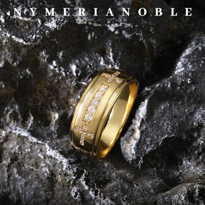 Mens Wedding Band, 18K Gold Plated Rings Non Tarnish Promise Rings For Him Lord's Prayer Cross Ring Father in Law Gifts Round Cut Anniversary Engagement Size 7-14 - size: 13