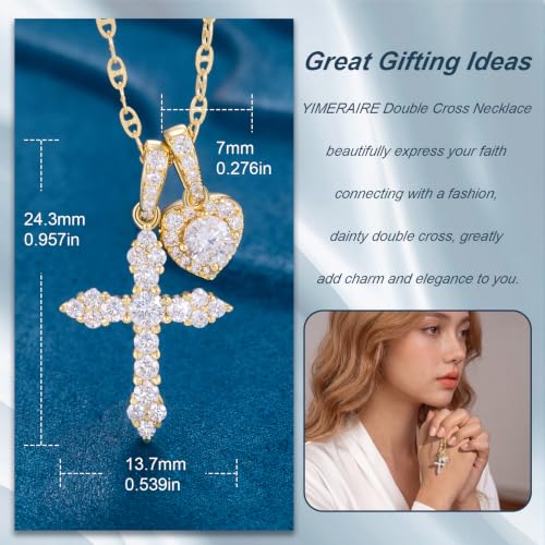 Moissanite Double Cross Necklace, Women Moissanite Diamond Cross Pendant - color: 14k Gold Vermeil Cross+Heart