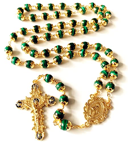 elegantmedical HANDMADE UNDOUBTED Malachite GOLD Rosary Prayer Beads Necklace Catholic Gift & Box
