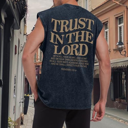 Mens Christian Tank Tops Trust in The Lord God Jesus Religious Faith Bible Verse Shirts Graphic Acid Wash Gym Tees - color: Denim Blue, size: Large