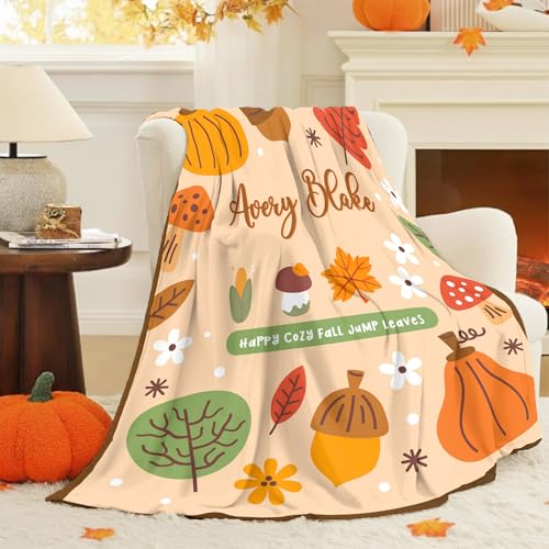 Custom Fall Blanket Autumn Soft Cozy Harvest Blanket with Pumpkin Leaves Mushroom for Boys Girls Kids Adults Personalized Halloween Blankets Christmas Birthday Gifts - color: Autumu-05