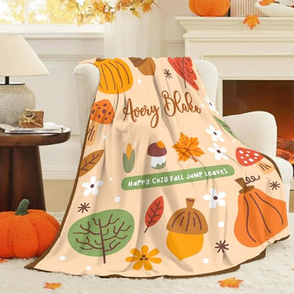 Custom Fall Blanket Autumn Soft Cozy Harvest Blanket with Pumpkin Leaves Mushroom for Boys Girls Kids Adults Personalized Halloween Blankets Christmas Birthday Gifts - color: Autumu-05