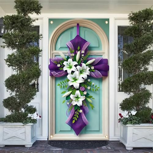 Easter Door Cover Banner 71 x 35 Inch Purple Cross with White Lily Design Religious Christian Front Door Indoor Outdoor Decoration - color: Cross #5