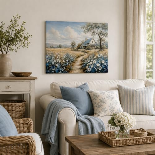 Farmhouse Landscape Framed Canvas Wall Art Wildflower Picture 12x16 Inches - color: Farmhouse Landscape, size: 16"L x 12"W