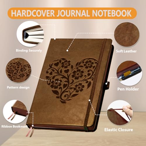 A5 Heart Shaped Flower Vine Leather Journal, 300 Pages Lined Notebook, Brown Vintage Pattern Hardcover Notebook for Travel Diary, Business, Work and School Daily Writing - style: Flower Vine