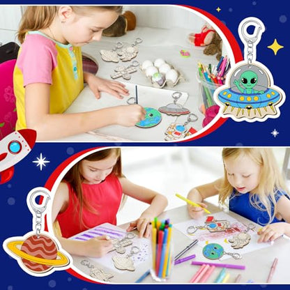 Trnayi 36 Pcs Outer Space Wood Keychain Color Your Own DIY Craft - style: Space