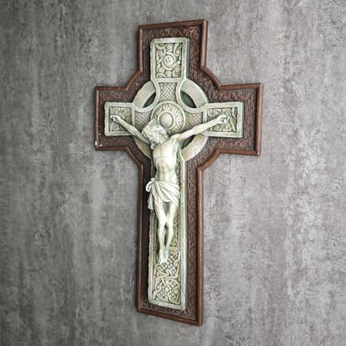 BC Catholic 12”H Crucifix Wall Cross, Celtic Cross for Indoor Garden, Catholic Gifts, Religious Home Decor,Wood Stone Carve Looking, Hand Painted by Buildclassic
