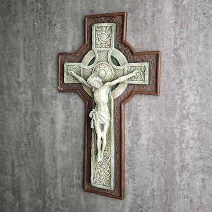 BC Catholic 12”H Crucifix Wall Cross, Celtic Cross for Indoor Garden, Catholic Gifts, Religious Home Decor,Wood Stone Carve Looking, Hand Painted by Buildclassic