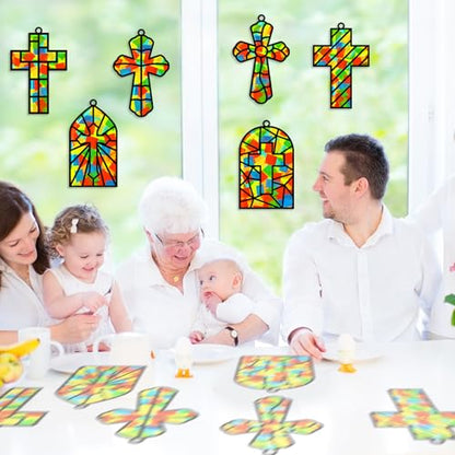 Lonfliness 32 Set Cross Suncatchers Craft DIY Religious VBS Window Stain Glass Effect Paper Christian Home Sunday Easter Decorations Art Craft Creative Activity Project Gift Favor - style: Cross