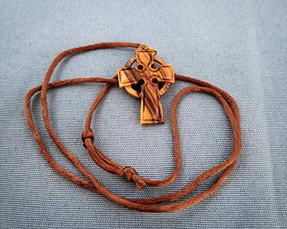 Logos Trading Post Celtic Cross, Wooden Cross Necklace for Men & Women, Certified Holy Land Olive Wood Orthodox Pendant Necklace from Bethlehem Israel, Christian & Catholic Religious Keepsake Gift - color: Solid with Ring