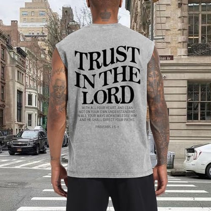 Mens Christian Tank Tops Trust in The Lord God Jesus Religious Faith Bible Verse Shirts Graphic Acid Wash Gym Tees - color: Light Gray, size: Large