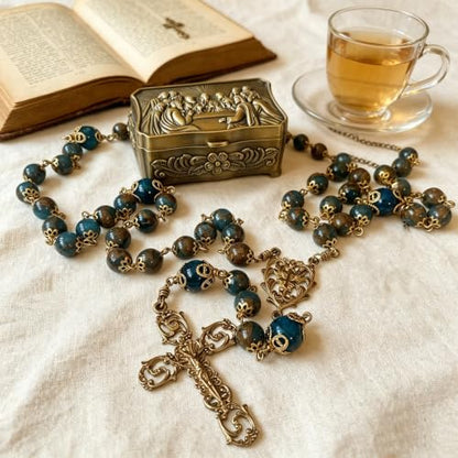 Handmade vintage copper 5 decade rosary for women & men Natural Blue Green Golden Shine Stone & Tiger Eye Beads Necklace Perfect Catholic gifts with box openwork crucifix