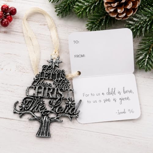 O Come Let Us Adore Him Christmas Ornament, Antique Silver Tone Christian Tree Ornament, Christ the Lord Religious Holiday Decoration, 3 Inch