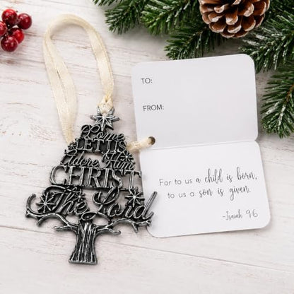 O Come Let Us Adore Him Christmas Ornament, Antique Silver Tone Christian Tree Ornament, Christ the Lord Religious Holiday Decoration, 3 Inch