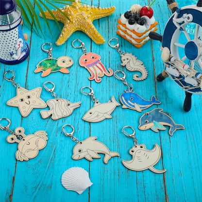 Trnayi 36 Pcs Sea Life Unfinished Wood Keychain Color Your Own DIY Craft - style: Sea Life