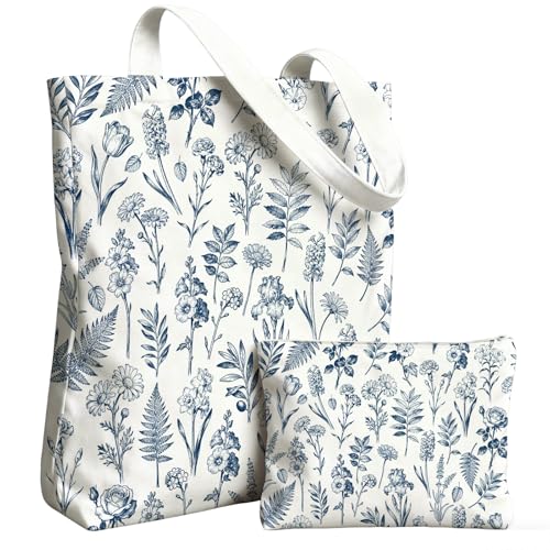 2 Pack Canvas Tote Bag with Makeup Zipper Pouch Colorful Polyester Printed Reusable Shopping Bags for Women - style: Blue Flower