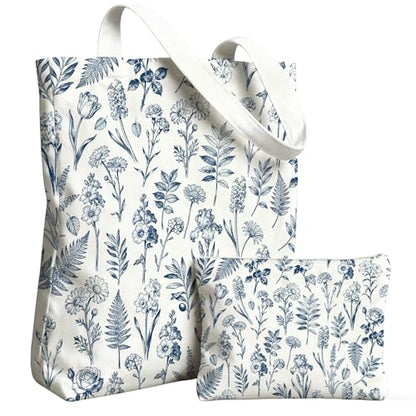2 Pack Canvas Tote Bag with Makeup Zipper Pouch Colorful Polyester Printed Reusable Shopping Bags for Women - style: Blue Flower